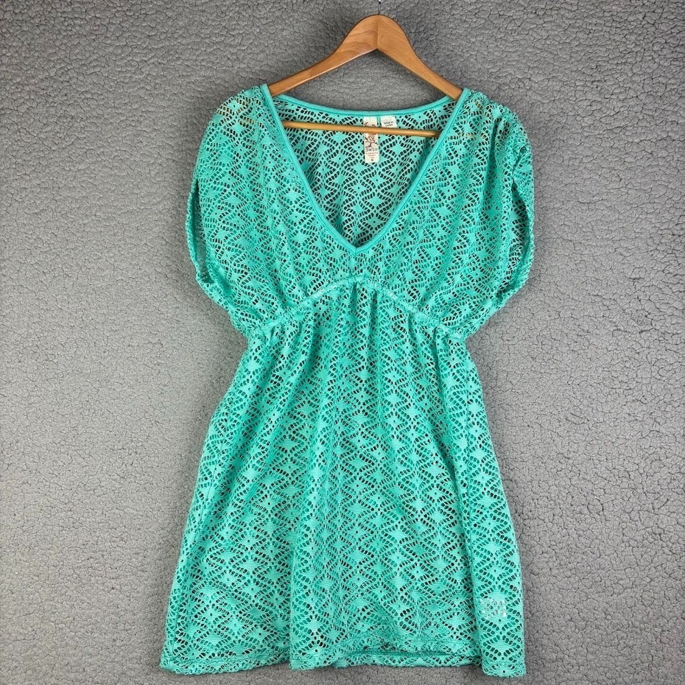 Miken‎ Swim Womens Swimwear Cover Up M Teal Crochet Mesh Colorful Beach Pool